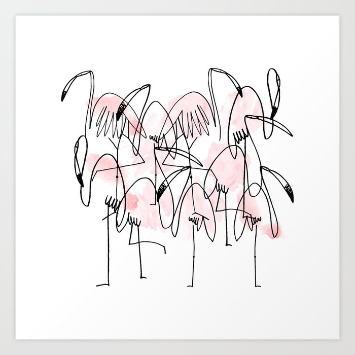 abstract line drawn flamingos. hand drawn illustration. exotic bird. Art Print