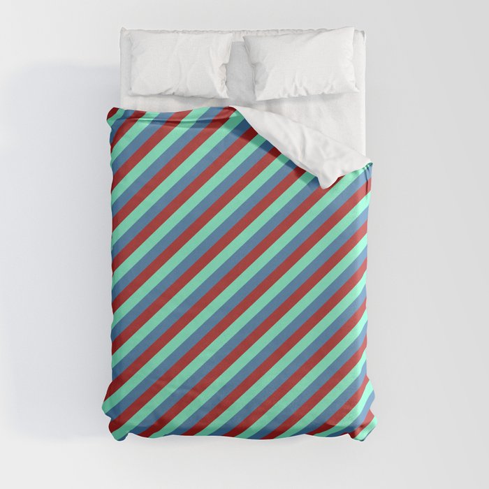 Aquamarine, Blue & Red Colored Lined/Striped Pattern Duvet Cover
