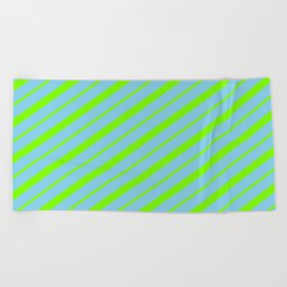 [ Thumbnail: Sky Blue & Green Colored Striped/Lined Pattern Beach Towel ]