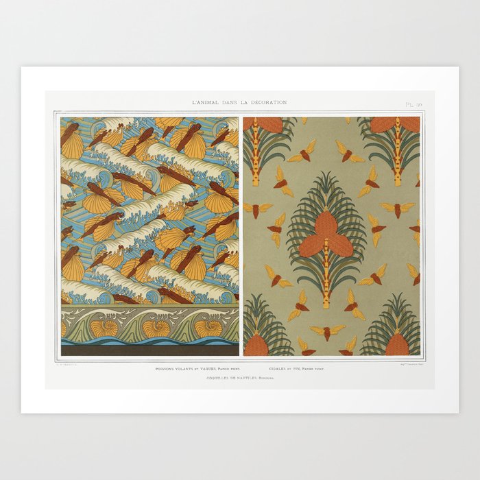 Flying and wave fish, wallpaper. Cicadas and pine, wallpaper. Nautilus shells, border from Animal in Art Print