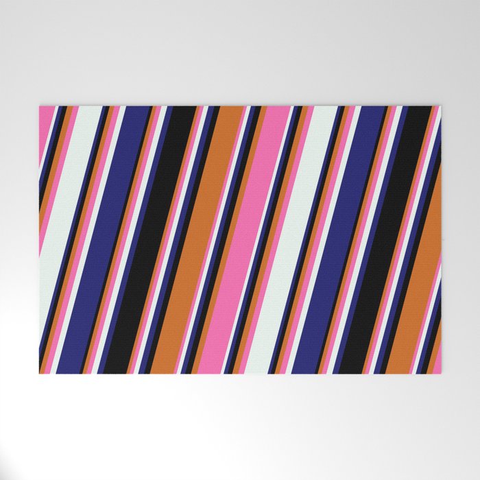 Chocolate, Hot Pink, Mint Cream, Midnight Blue & Black Colored Lines/Stripes Pattern Welcome Mat