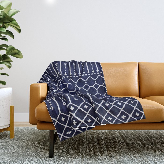 N84 - Indigo Dark Calm Blue Color Traditional Moroccan Farmhouse Style Design Throw Blanket