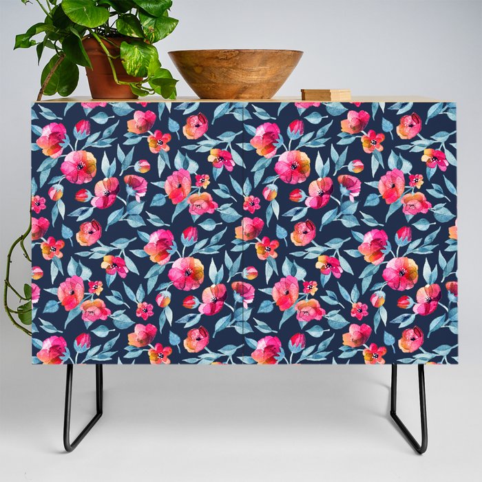 Fresh Spring Blooms in Watercolor - grey blue and magenta on navy Credenza