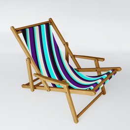 [ Thumbnail: Aqua, Beige, Indigo, and Black Colored Striped Pattern Sling Chair ]