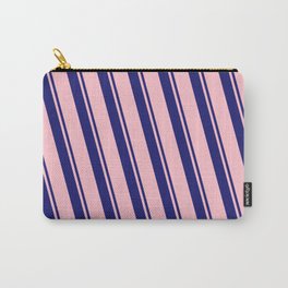[ Thumbnail: Midnight Blue and Pink Colored Lined/Striped Pattern Carry-All Pouch ]