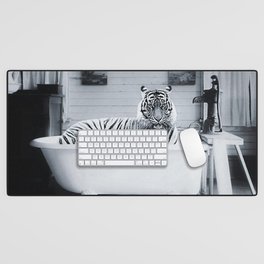 Eye of the Tiger in a vintage claw foot rustic bathtub black and white photograph / photograhy Desk Mat