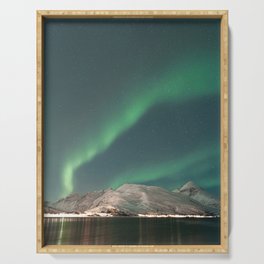 Northern Lights in the Kaldfjord | Winter Night in Norway Art Print | Astro Landscape Travel Photography Serving Tray
