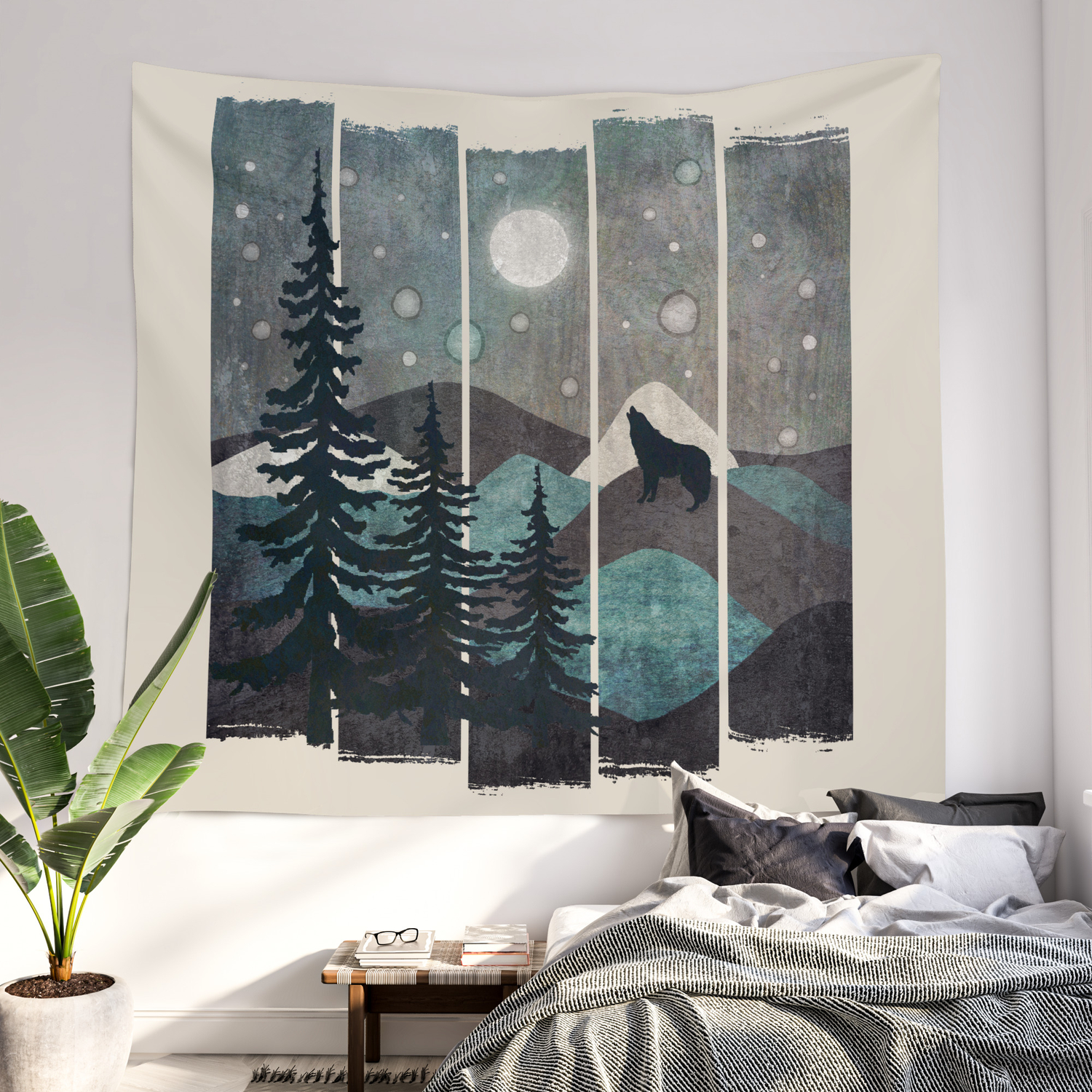 Printed Tapestry Full Moon Night Wolf Tapestry Brushed Fabric Wall Hanging 