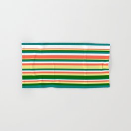 [ Thumbnail: Eyecatching Red, Tan, Dark Green, Teal, and White Colored Stripes/Lines Pattern Hand & Bath Towel ]