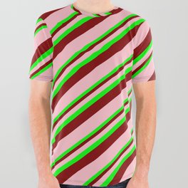 [ Thumbnail: Lime, Maroon, and Pink Colored Stripes/Lines Pattern All Over Graphic Tee ]