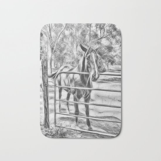 Calm horse standing near gate in Queensland Bath Mat