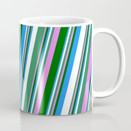 [ Thumbnail: Vibrant Sea Green, Violet, Dark Green, Blue, and White Colored Stripes/Lines Pattern Coffee Mug ]