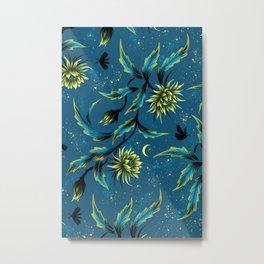 Queen of the Night - Teal Metal Print | Night, Curated, Blue, Floral, Moon, Green, Blossom, Sky, Leaf, Flower 