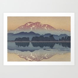 Morning at Hito - Mountain &Forests over the Lake - Nature Landscape in Green, Orange, Red and Blue Art Print