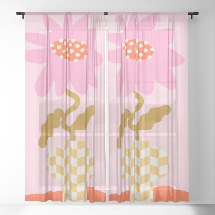 Abstract modern vase and flower. Groovy vibes and retro style Sheer Curtain