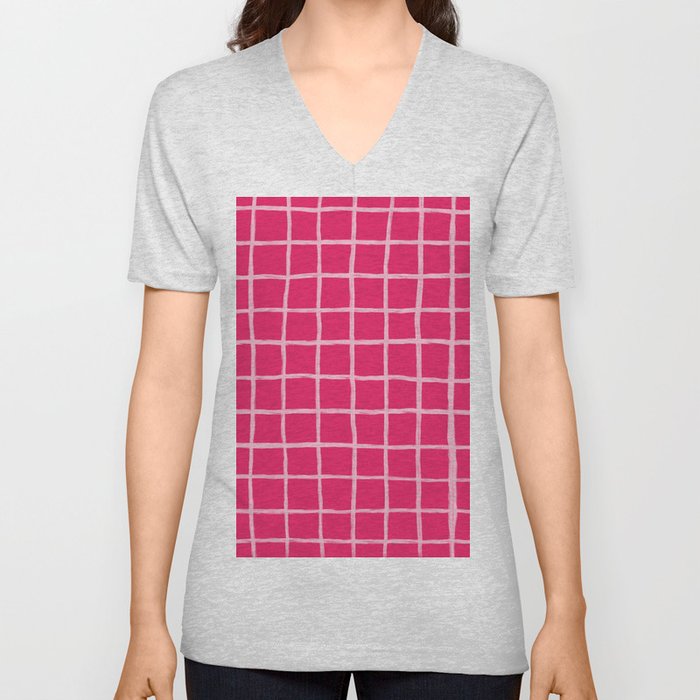 Pink on Pink Checkered Grid V Neck T Shirt