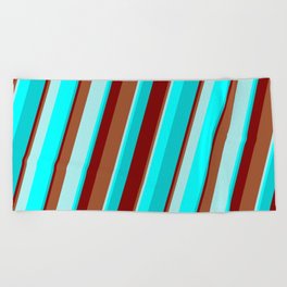 [ Thumbnail: Maroon, Sienna, Turquoise, Cyan, and Dark Turquoise Colored Stripes/Lines Pattern Beach Towel ]