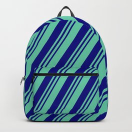 [ Thumbnail: Aquamarine and Blue Colored Lined Pattern Backpack ]
