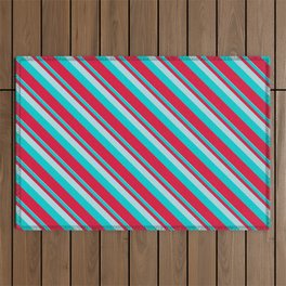 [ Thumbnail: Powder Blue, Dark Turquoise, and Crimson Colored Lined Pattern Outdoor Rug ]