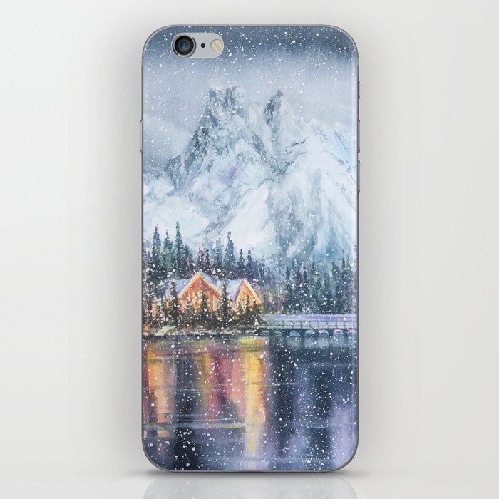 Enchanting Snowy Log Cabin Alpine Lake iPhone Skin