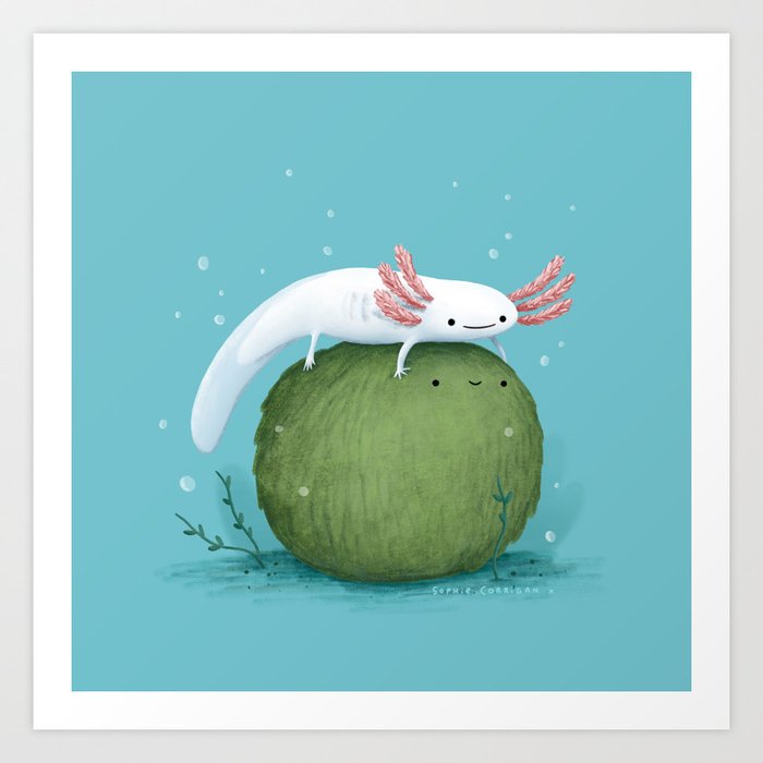 Axolotl on a Mossball Art Print