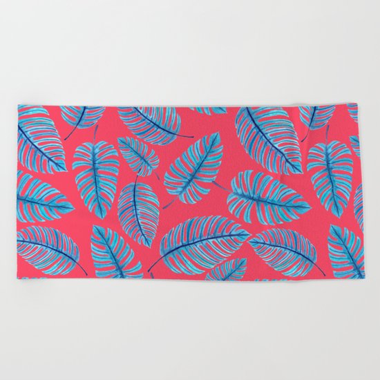 Monstera leaves, tropical watercolor pattern Beach Towel