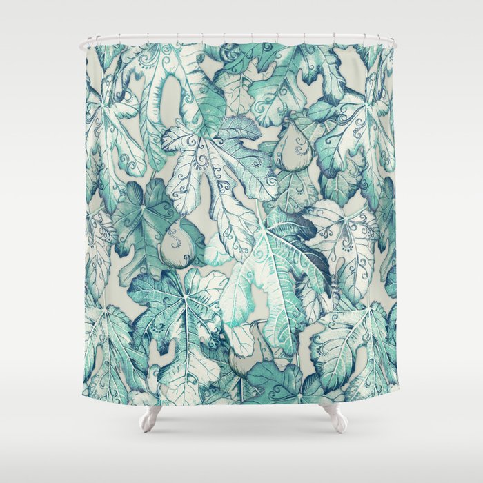 Fig Leaf Fancy - a pattern in teal and grey Shower Curtain