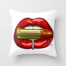 Biting The Bullet Pierced Red Lips on White Throw Pillow