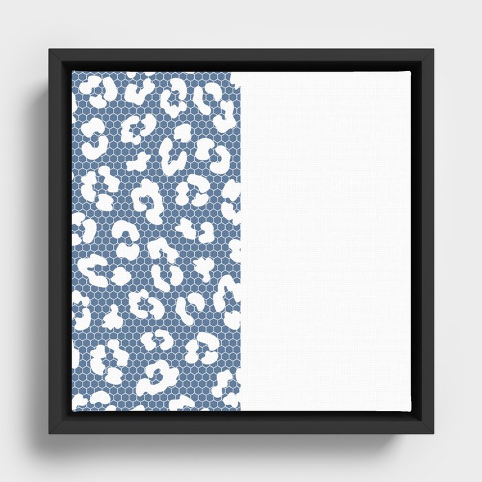 White Leopard Print Lace Vertical Split on Slate Blue  Framed Canvas