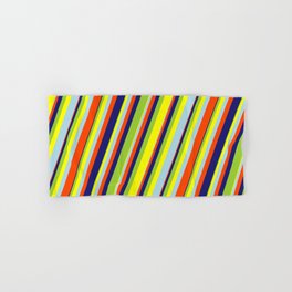 [ Thumbnail: Eye-catching Green, Yellow, Light Blue, Red & Midnight Blue Colored Lines/Stripes Pattern Hand & Bath Towel ]