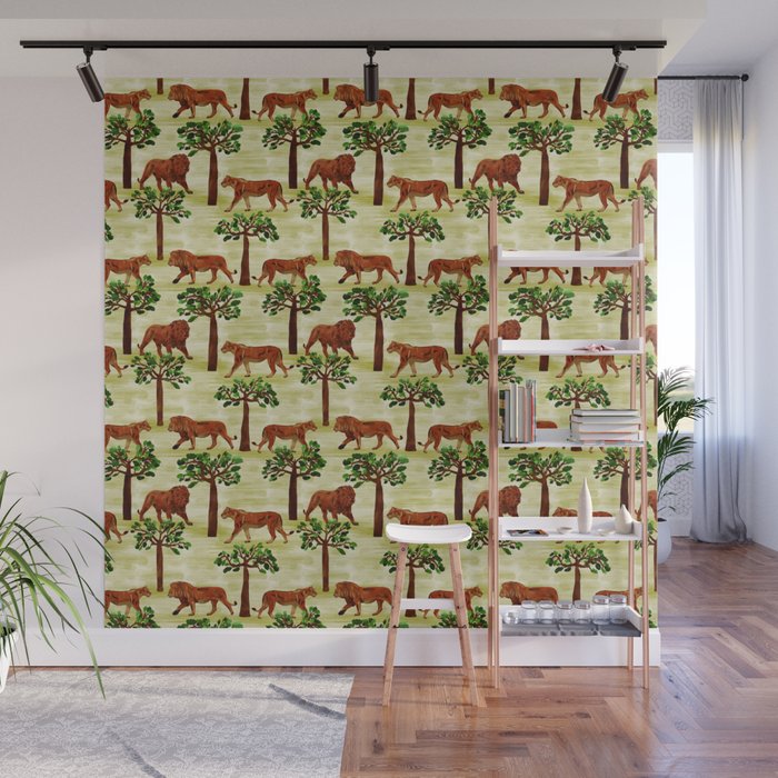 digital pattern with pairs of brown lions Wall Mural