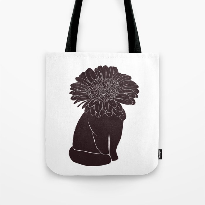 Flower head black cat linocut style illustration Tote Bag