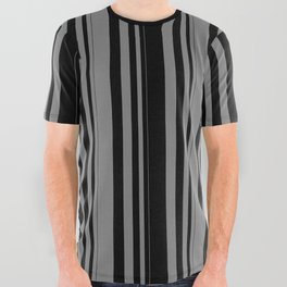 [ Thumbnail: Black & Grey Colored Stripes Pattern All Over Graphic Tee ]