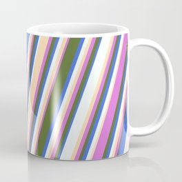 [ Thumbnail: Orchid, Dark Olive Green, Royal Blue, Mint Cream, and Tan Colored Stripes Pattern Coffee Mug ]