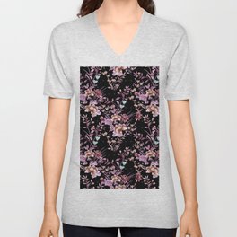 Chinoiserie Flowers and Dots Pattern Jewel Tones V Neck T Shirt