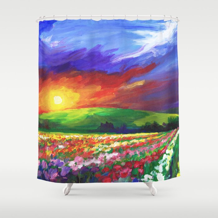 Summer Flower Field Landscape Painting Shower Curtain