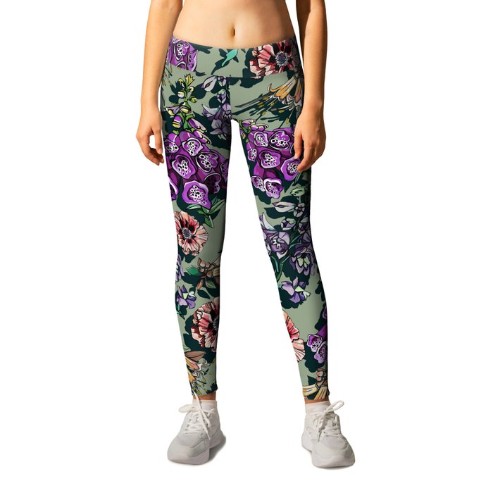 sage green floral with foxglove and poppies Leggings