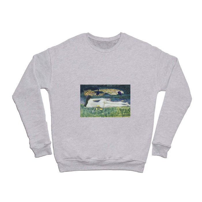 Laying Nude; river with peacocks beautiful figurative nude portrait painting by Mikhail Aleksandrovich Vrubel Crewneck Sweatshirt