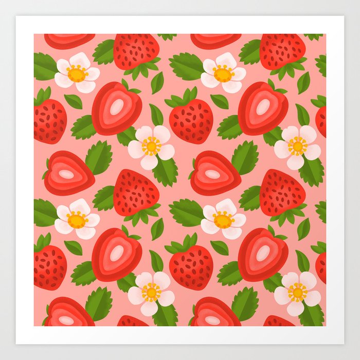 Strawberry Pattern on Pink Art Print