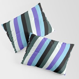 [ Thumbnail: Colorful Slate Blue, Sky Blue, Black, Dark Slate Gray & Mint Cream Colored Lined/Striped Pattern Pillow Sham ]