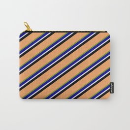 [ Thumbnail: Eyecatching Brown, Green, Dark Blue, Lavender & Black Colored Lines Pattern Carry-All Pouch ]