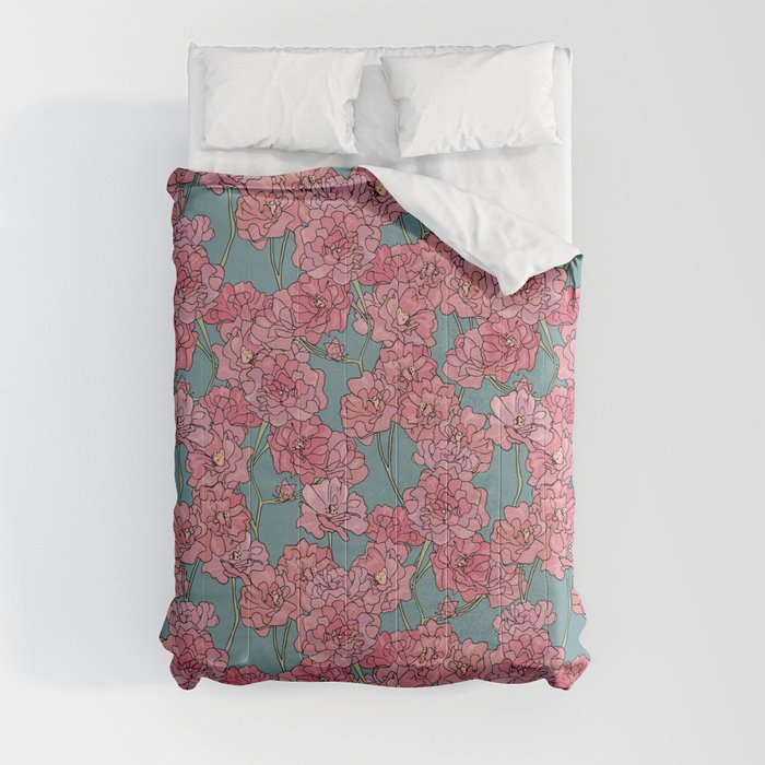 Pattern with pink damask roses on turquoise background Comforter