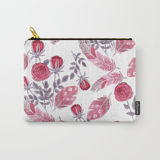 Watercolor . Floral pattern with bird feather .1 Carry-All Pouch