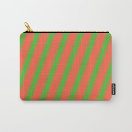 [ Thumbnail: Red and Lime Green Colored Striped Pattern Carry-All Pouch ]