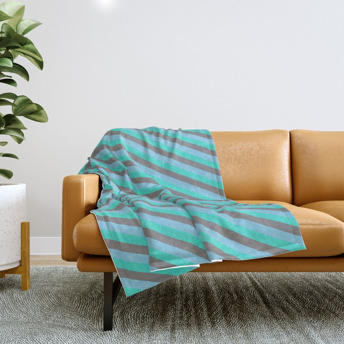 Turquoise, Grey & Sky Blue Colored Striped Pattern Throw Blanket