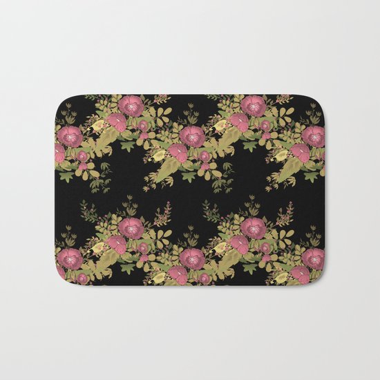 Colorful floral pattern on a black background . Bath Mat