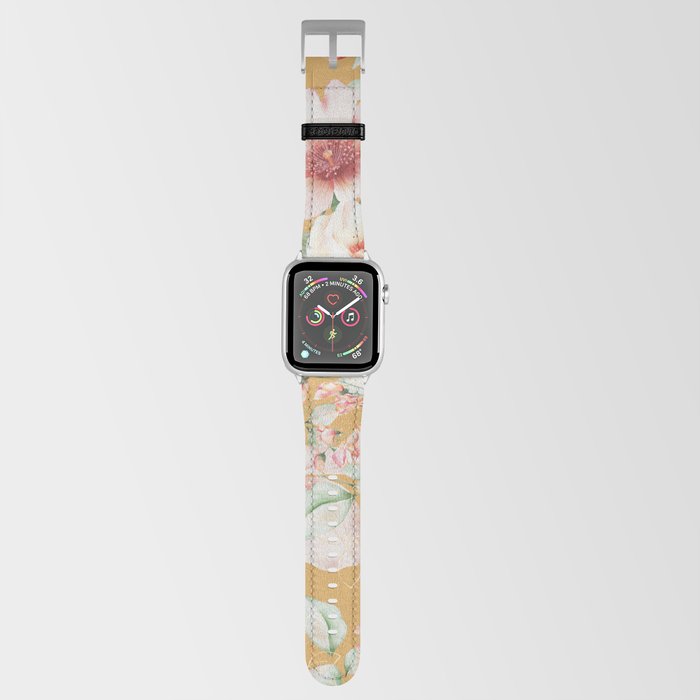 Peach Florals with Painted Speckles on Yellow Apple Watch Band