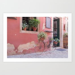 Rusty charm in Rovinj | Pink facades and summer plants in Croatia | Old bike in front of a charming facade Art Print