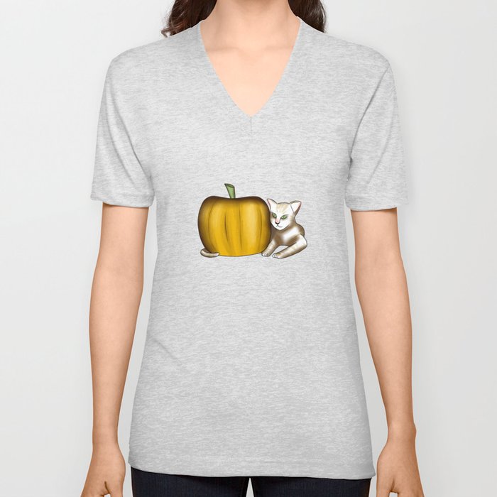 Cat and Pumpkin V Neck T Shirt