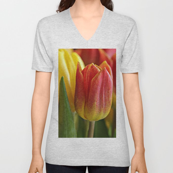 Red and Yellow Tulips V Neck T Shirt